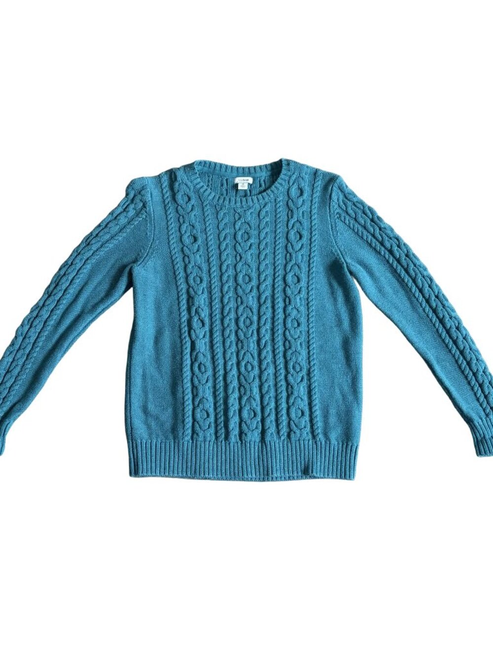 L.L.Bean Cable Knit Fisherman Sweater Medium Teal Cotton Crewneck Item 298839